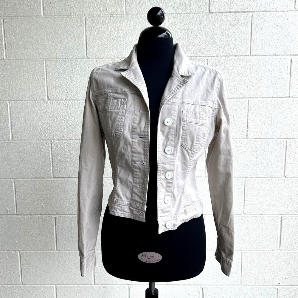 Vintage Y2K 90s Style Denim Tan Form Fitting Button Jacket SO Cotton Size Medium
